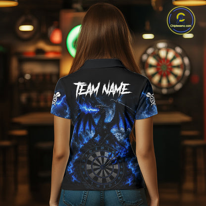 Woman wearing thunder dragon blue dart shirt custom dart apparel