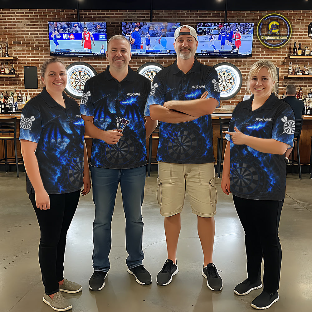 Men's dart team wearing lightning blue dragon dart jerseys tournament uniforms