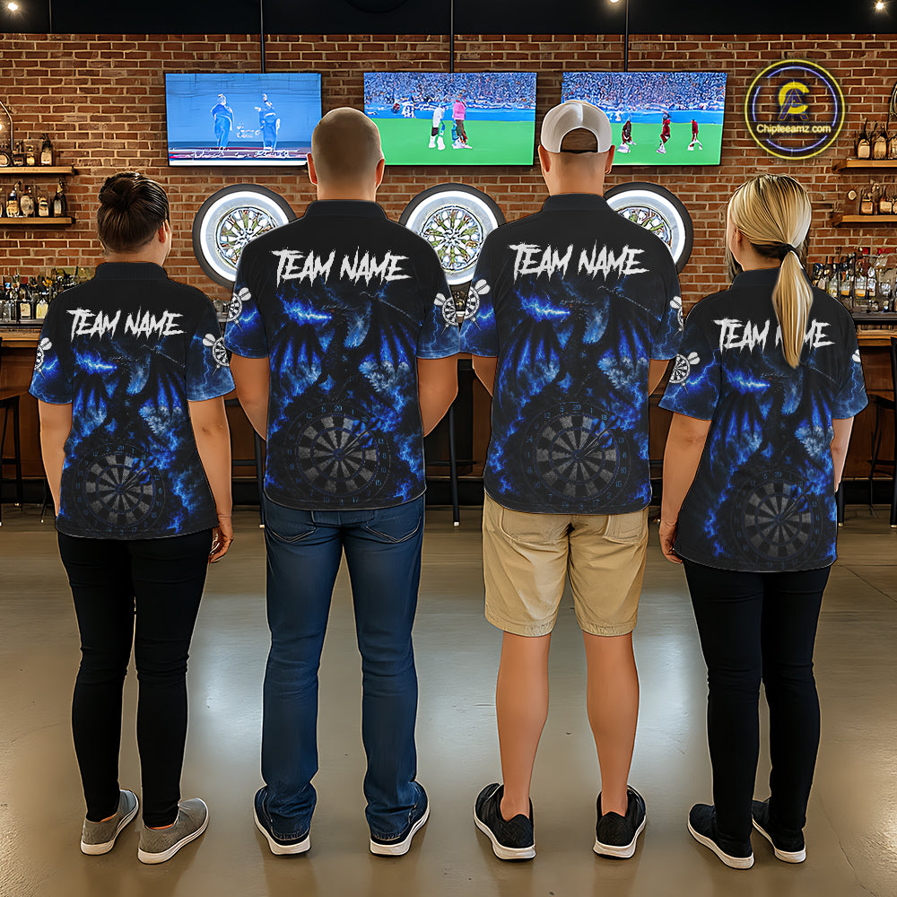 Men's dart team wearing lightning blue dragon dart jerseys tournament uniforms