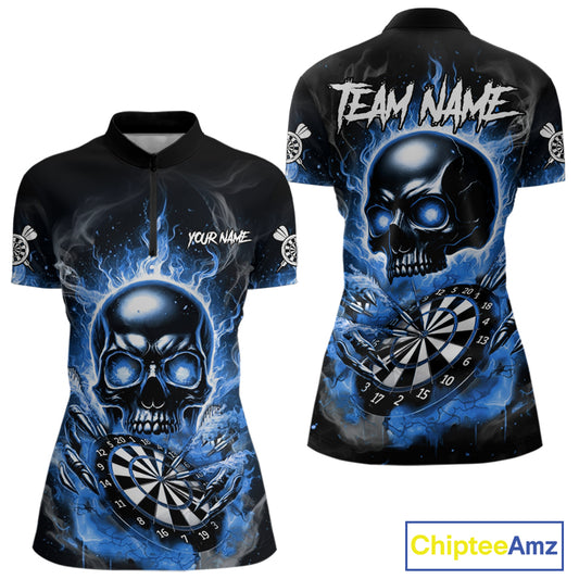 Custom Fire Flame Dartboard Lightning Blue Skull Dart Women Quarter-Zip Jerseys Dart Team Shirt NYN1674