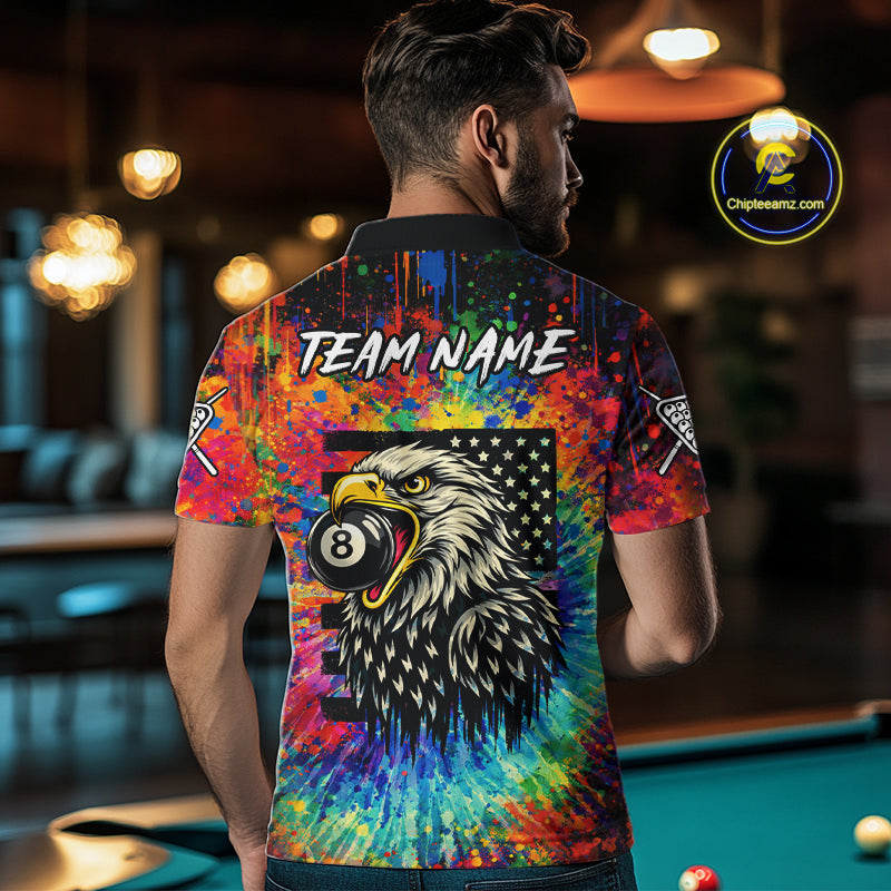 Colorful Tie-Dye Funny Eagle 8 Ball Men Billiards Shirt Personalized Pool Balls Billiard Attire NYN2689