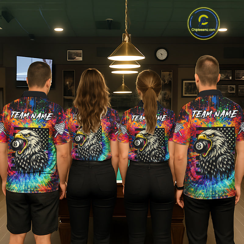 Colorful Tie-Dye Funny Eagle 8 Ball Men Billiards Shirt Personalized Pool Balls Billiard Attire NYN2689