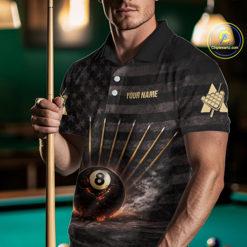 American Flag Cracked Ball 8 Billiards Pool Sticks Shirt For Men Custom Grunge Billiard Balls Attire NYN2691