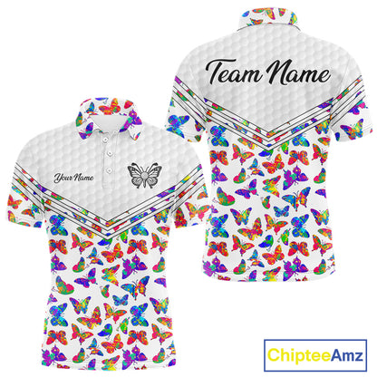 Butterfly Mens White Pattern Golf Polo Shirt Custom Name Floral Colorful Watercolor Golf Shirts NYN2846