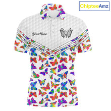 Load image into Gallery viewer, Butterfly Mens White Pattern Golf Polo Shirt Custom Name Floral Colorful Watercolor Golf Shirts NYN2846
