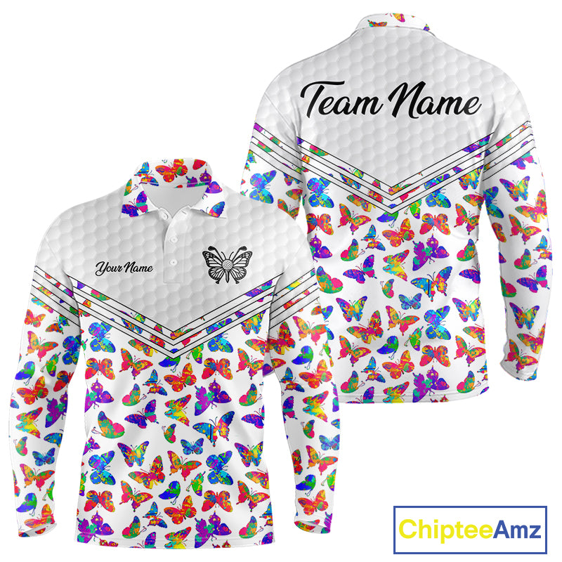 Butterfly Mens White Pattern Golf Polo Shirt Custom Name Floral Colorful Watercolor Golf Shirts NYN2846