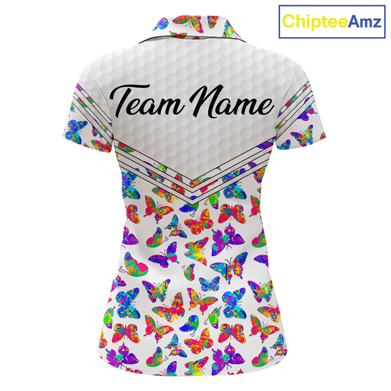 Butterfly Womens White Pattern Golf Polo Shirt Custom Name Floral Colorful Watercolor Golf Shirts NYN2846