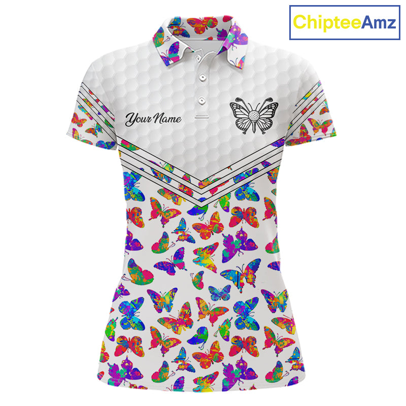 Butterfly Womens White Pattern Golf Polo Shirt Custom Name Floral Colorful Watercolor Golf Shirts NYN2846