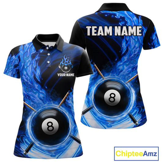 Personalized Blue 8 Ball Fire Flame Billiard Polo & 1/4-Zip For Women 8 Ball Pool Team Jersey NYN2847
