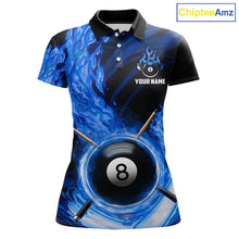 Load image into Gallery viewer, Personalized Blue 8 Ball Fire Flame Billiard Polo &amp; 1/4-Zip For Women 8 Ball Pool Team Jersey NYN2847