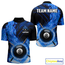 Load image into Gallery viewer, Personalized Blue 8 Ball Fire Flame Billiard Polo &amp; 1/4-Zip For Men 8 Ball Pool Team Jersey NYN2847