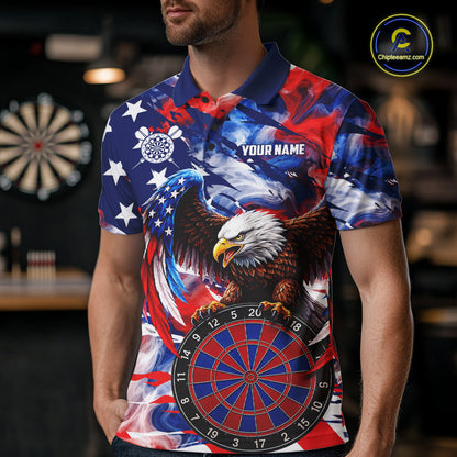 Male dart player wearing Smoke American Flag custom dart shirt, professional dart league apparel and tournament jersey