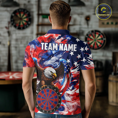 Male dart player wearing Smoke American Flag custom dart shirt, professional dart league apparel and tournament jersey