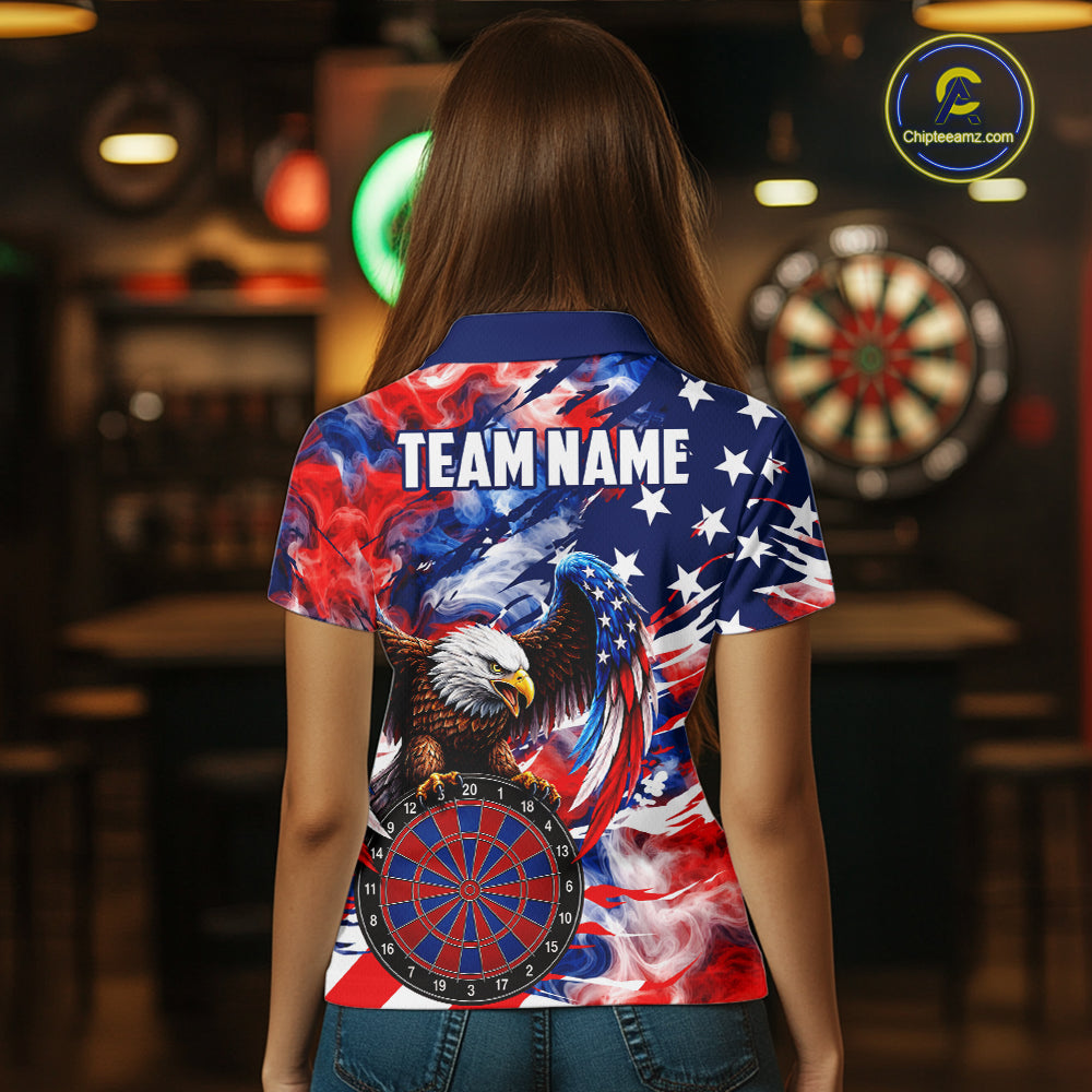 Female dart player wearing Smoke American Flag custom dart shirt, professional dart league apparel