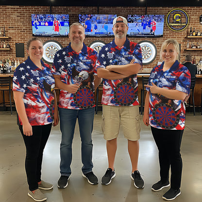 Men Women dart team wearing Smoke American Flag custom dart jerseys and matching team uniforms