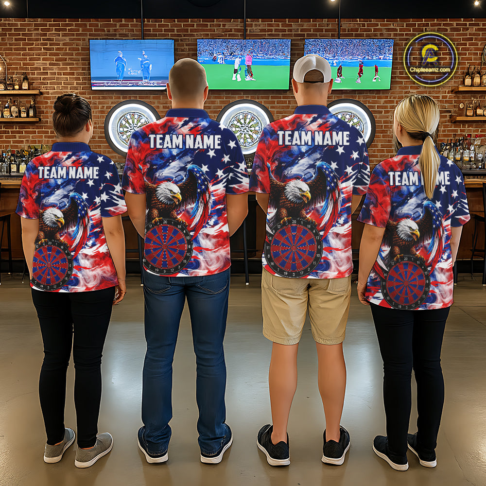 Men Women dart team wearing Smoke American Flag custom dart jerseys and matching team uniforms