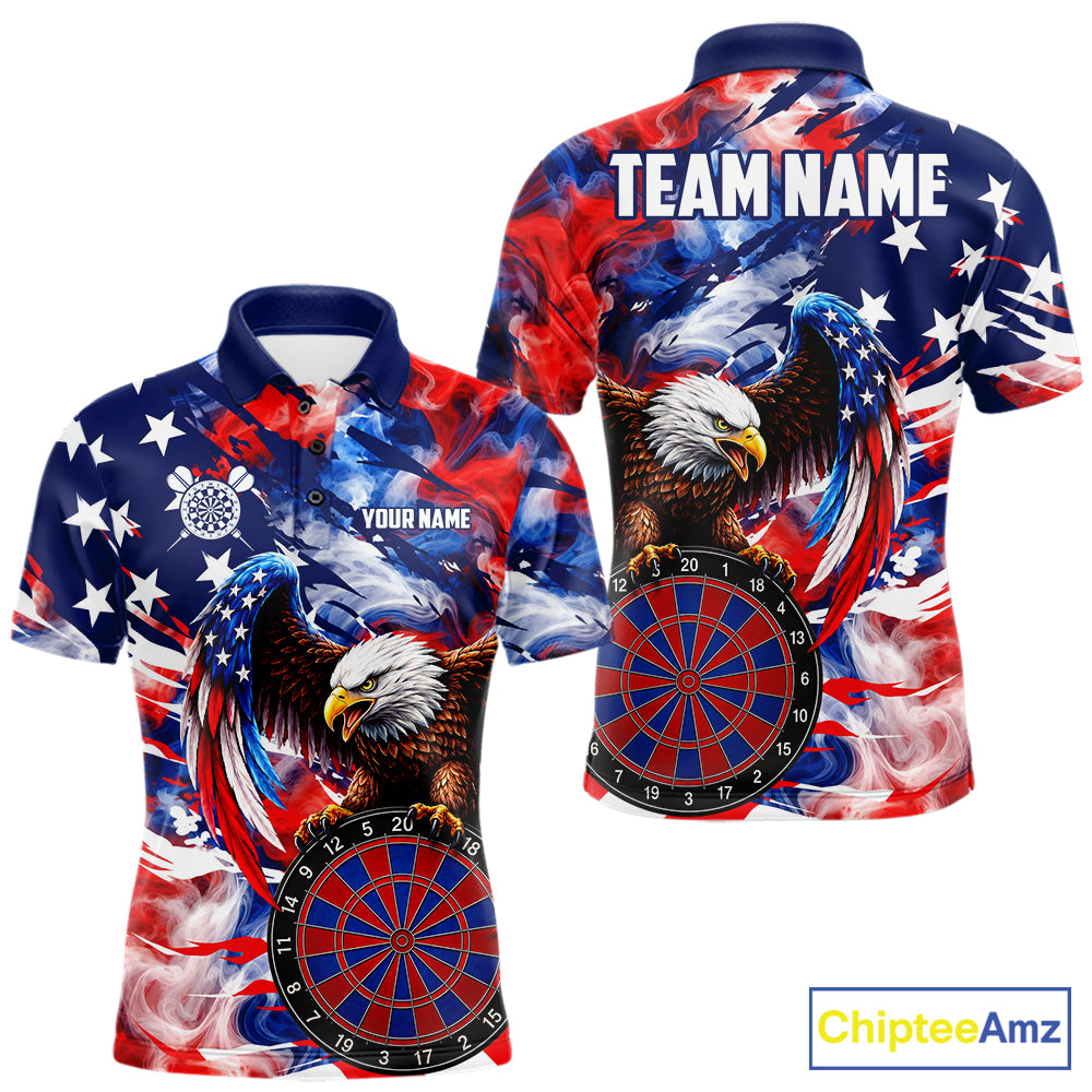Smoke American Flag men's dart polo shirt custom patriotic dart team jersey, professional dart uniform, custom name dart shirt, competitive dart apparel