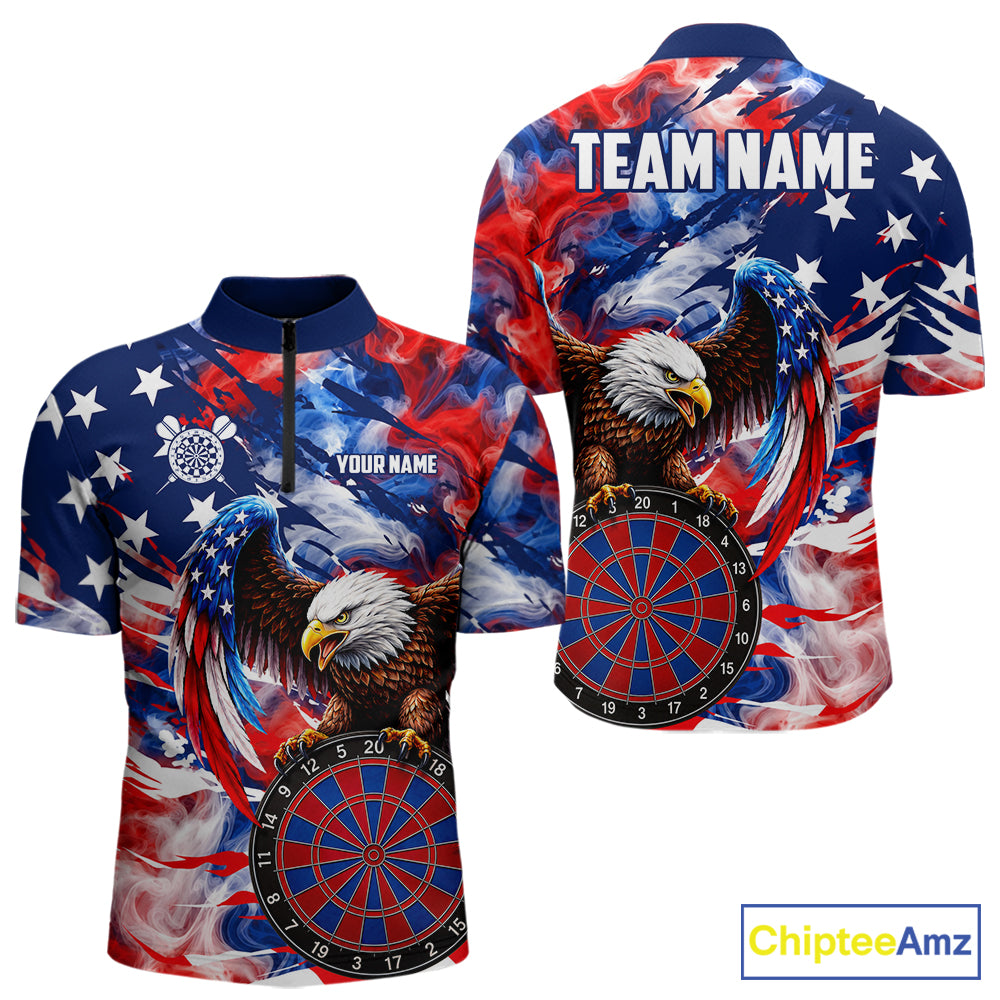 Smoke American Flag men's quarter zip dart shirt custom patriotic dart jersey, professional dart team uniform, league dart apparel