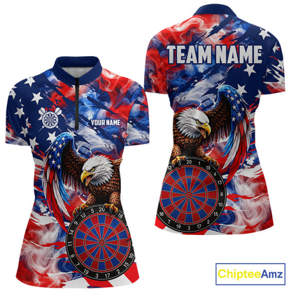 Smoke American Flag women's quarter zip dart shirt custom patriotic dart jersey, professional dart team uniform