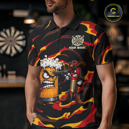 Male dart player wearing Angry Beer Cowboy custom dart shirt, competitive dart apparel and league uniform