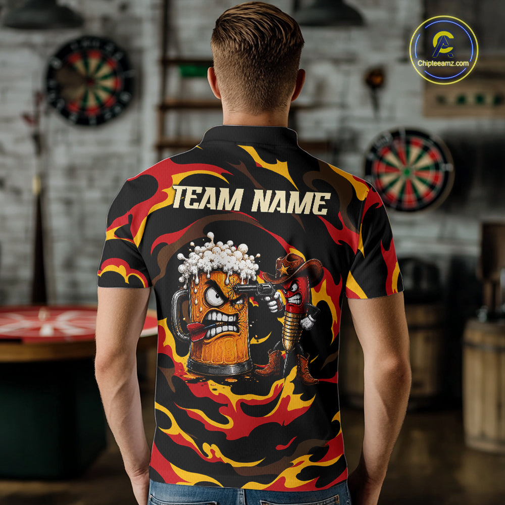 Male dart player wearing Angry Beer Cowboy custom dart shirt, competitive dart apparel and league uniform
