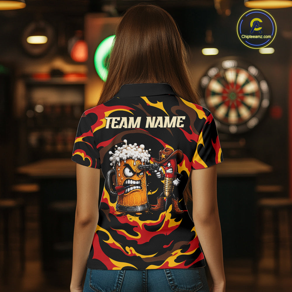 Female dart player wearing Angry Beer Cowboy custom dart shirt, competitive dart apparel