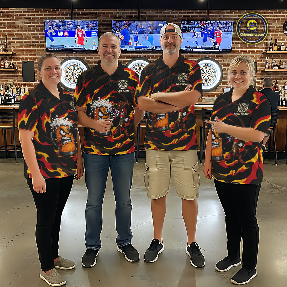 Men Women dart team wearing Angry Beer Cowboy custom dart jerseys during league play