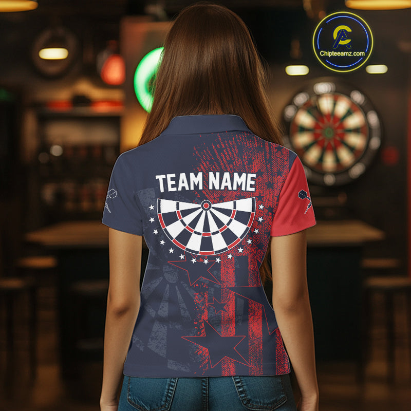 US Flag Grunge Star Dartboard Women's Darts Polo Shirt - Custom Name For Players NYN0755