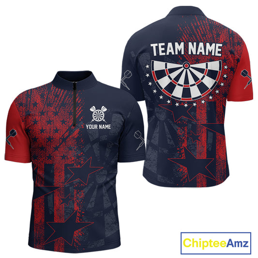 US Flag Grunge Star Dartboard Men's Darts Quarter-Zip Shirt - Custom Name For Players NYN0755