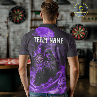 Custom Purple Grim Reaper Fire Flames Dart Men Polo Jerseys Outfits Skull Dart Shirt NYN1683