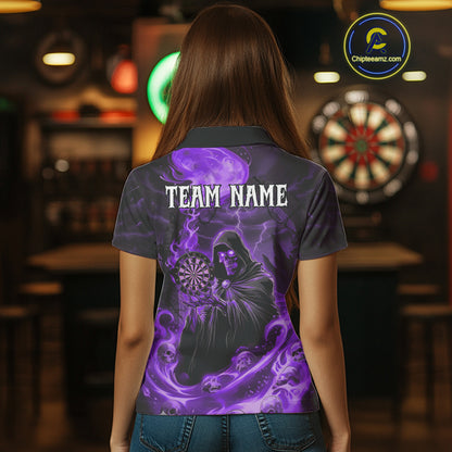 Custom Purple Grim Reaper Fire Flames Dart Women Polo Jerseys Outfits Skull Dart Shirt NYN1683