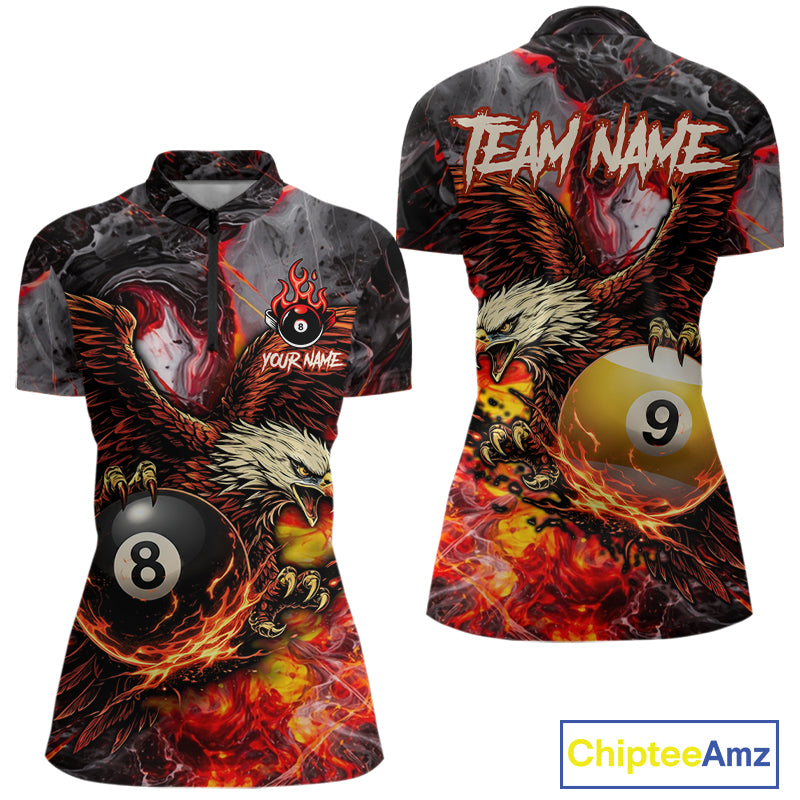 Eagle Fire Flame Pool 9 Ball & 8 Ball Women's Billiard Shirt Custom Billiard Polo & 1/4 Zip Attire NYN2494