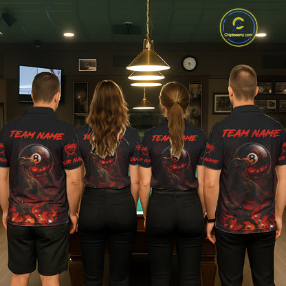 Fire Flame Dinosaur & Pool 8 Ball Men Billiard Team Shirt Custom Billiard Polo & 1/4-Zip Attire NYN2498