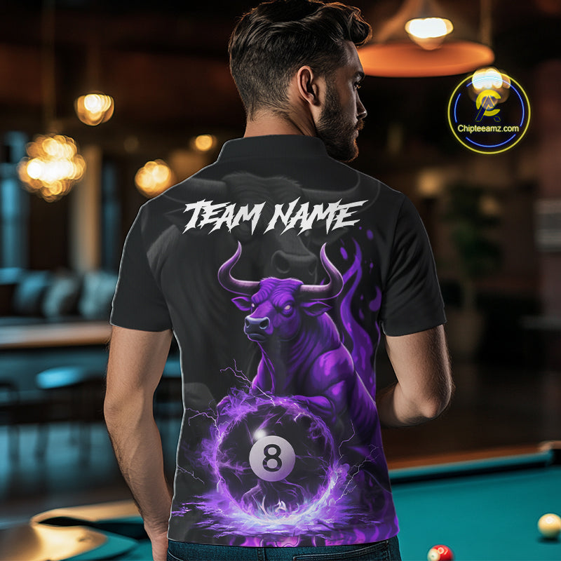 Black & Purple Flames Pool 8 Ball Men's Billiard Team Shirt Custom Funny Bull Billiard Attire NYN2502