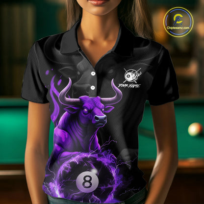 Black & Purple Flames Pool 8 Ball Women's Billiard Team Shirt Custom Funny Bull Billiard Attire NYN2502