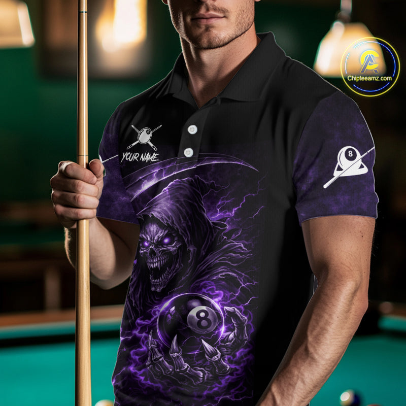 Thunder Purple Smokes Grim Reaper Ball 8 Billiards Pool Shirt For Men Personalized Billiard Team Names NYN2695