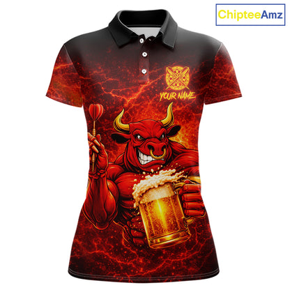 Red|Funny Bull & Beer Thunder Lightning Dart Polo Shirts For Women Custom Name For Darters NYN2698