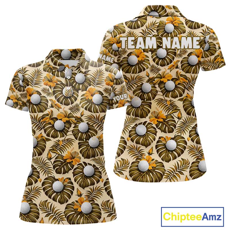 Personalized Tropical Yellow Monstera And Golfs Pattern Custom Golf Polo Shirt For Women Golf Team Clothes NYN2865