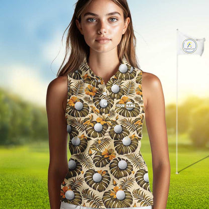 Personalized Tropical Yellow Monstera & Golfs Pattern Custom Golf Sleeveless Polo Shirt For Women Golf Clothes NYN2865