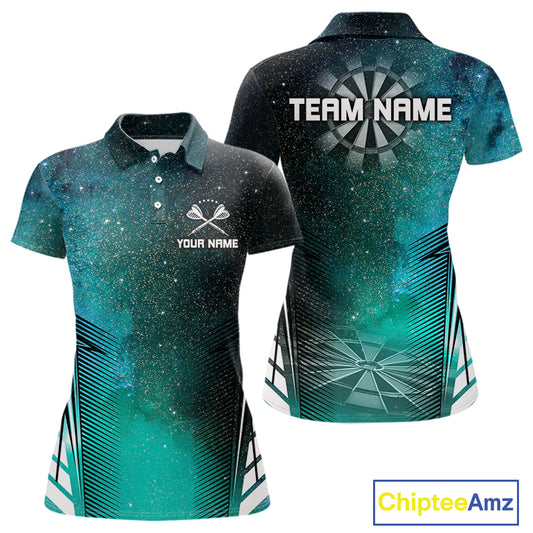 Custom Women's Darts Team Shirt With Cosmic Teal Gradient & Abstract Dartboards NYN0287