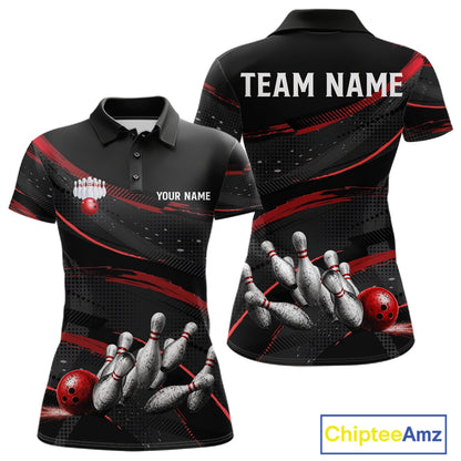 Black And Red Grunge Bowling Ball & Pins Jersey For Women Personalized Team Bowling Shirts NYN3227