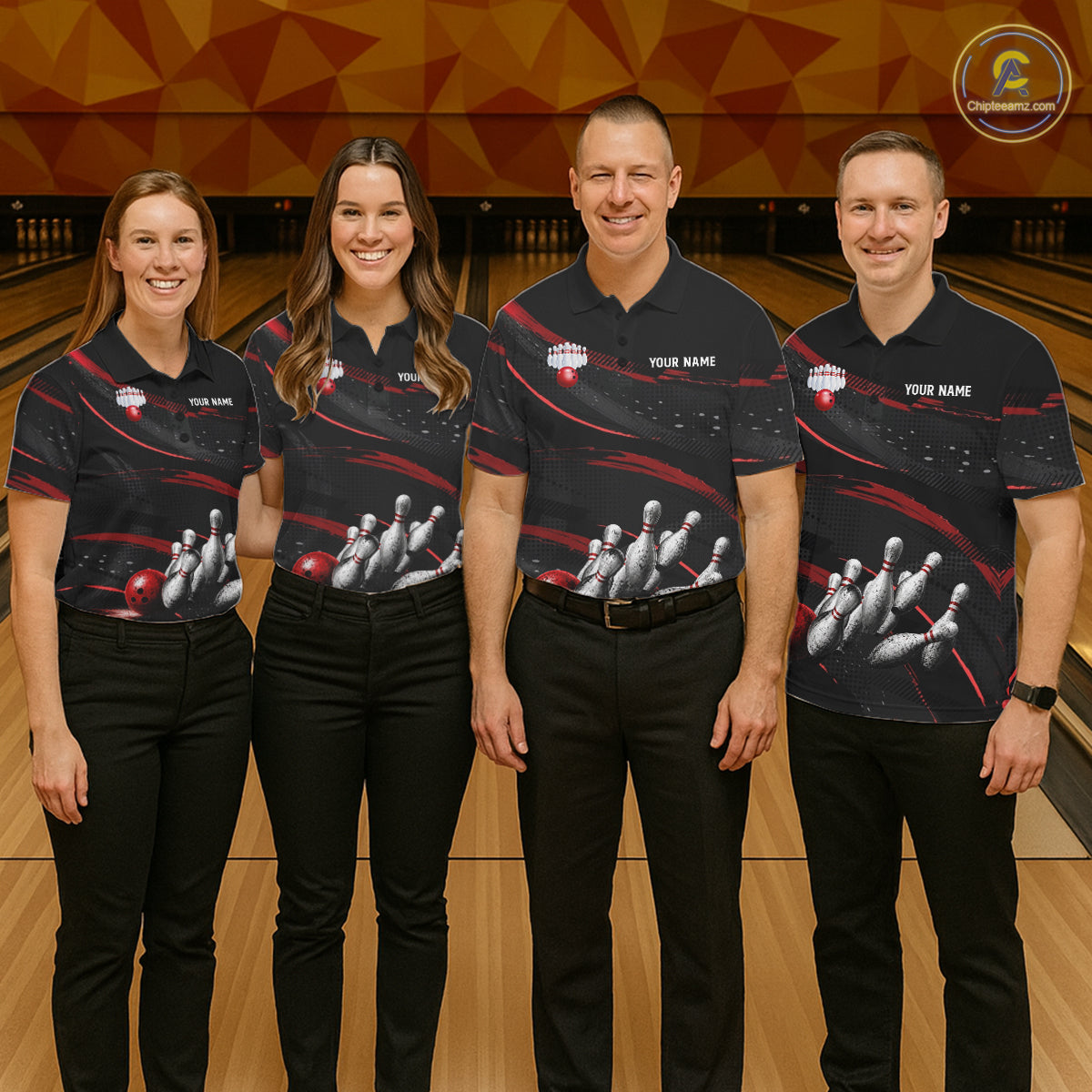 Black And Red Grunge Bowling Ball & Pins Jersey For Men Personalized Team Bowling Shirts NYN3227