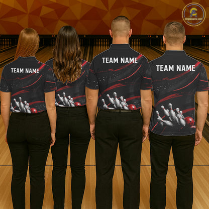 Black And Red Grunge Bowling Ball & Pins Jersey For Men Personalized Team Bowling Shirts NYN3227
