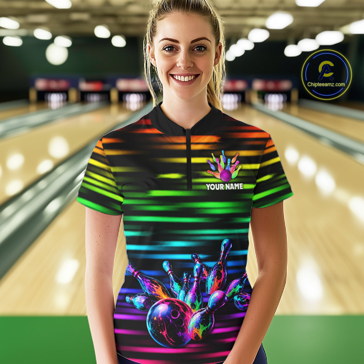 Colorful Splatter Paint Bowling Shirt For Women Custom Rainbow Strike Lightning Team Bowling Attire NYN3229
