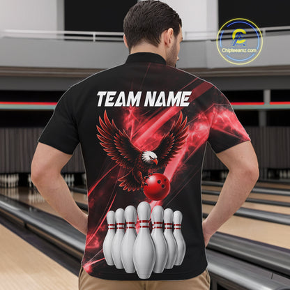 Red Smoking Bowling Polo & 1/4-Zip Shirt For Men Custom Funny Eagle Team Bowling Jersey NYN3239