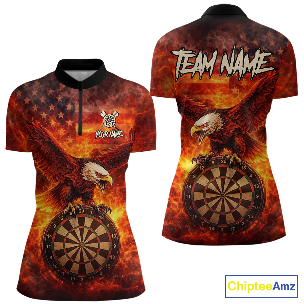 US Flag Eagle Flame Dartboard Darts Quarter-Zip Shirts For Women Custom Patriotic Dart Team Jerseys NYN2507
