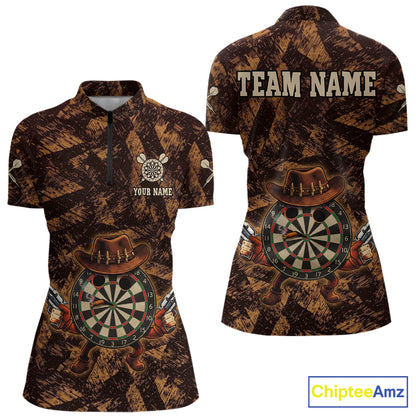 Funny Dartboard Cowhand Women Darts Quarter-Zip Shirt Personalized Brown Grunge Dart Team Jerseys NYN2510