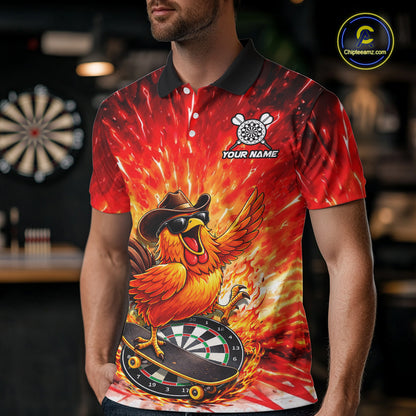 Mens Darts Funny Rooster Red Flames Polo Shirt Custom Name Polo Quarter Zip Shirt Gift For Darters NYN2857