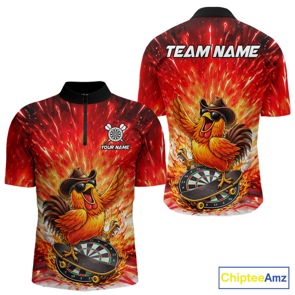 Mens Darts Funny Rooster Red Flames Polo Shirt Custom Name Polo Quarter Zip Shirt Gift For Darters NYN2857