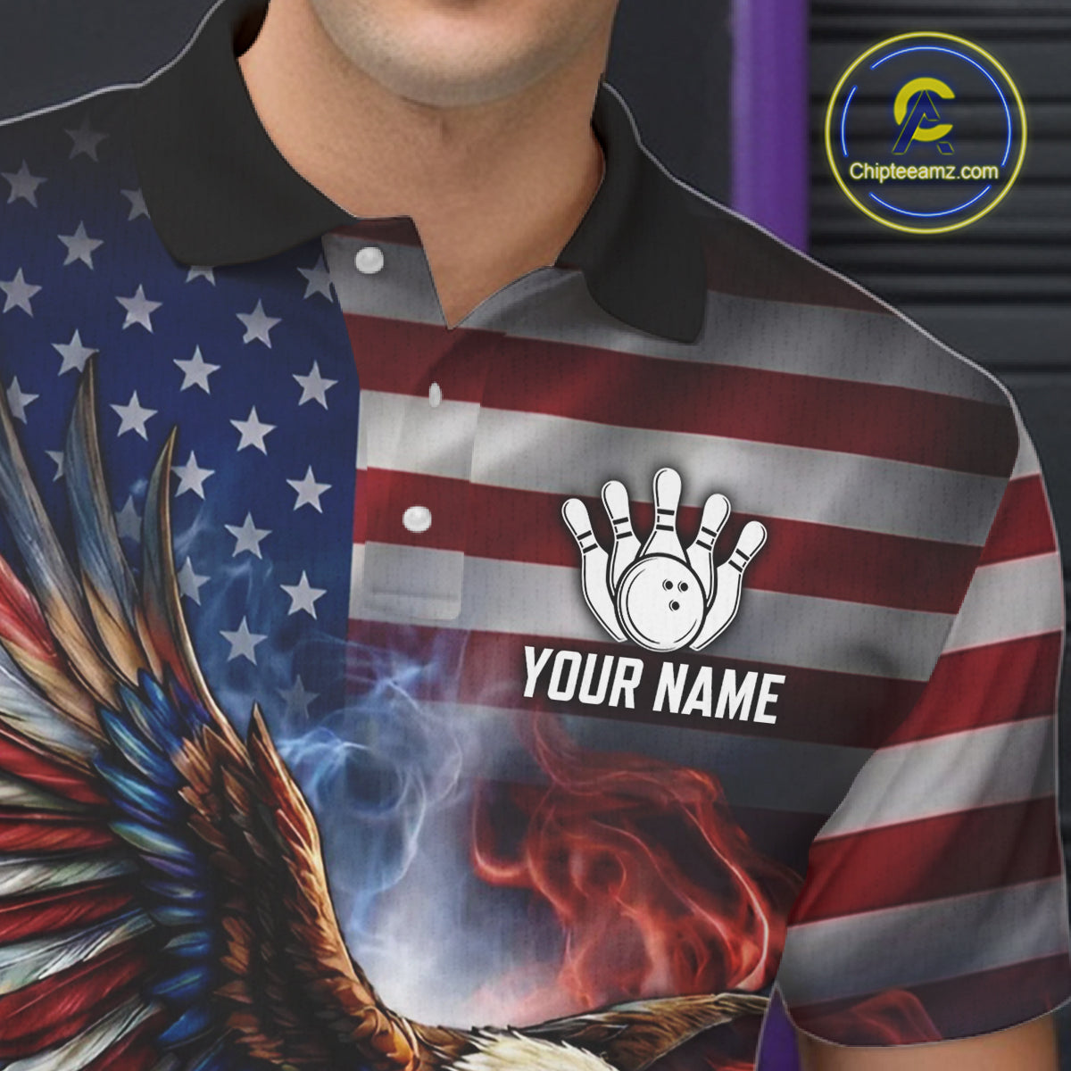 Personalized Fire Flame USA Flag Eagle Bowling Team Shirts For Men Outfits Patriotic Bowling Gifts NYN3073